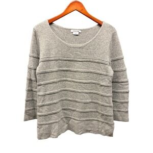 Lacoste Sweater Scoop Neck Women's 42 Gray Ribbed Stripe Long Sleeve Preppy